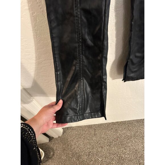 Cider High Rise Black Moto Style Faux Leather Bellbottom Slit Pants - Picture 5 of 11